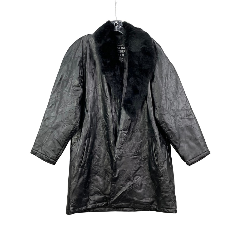 Arielle Leather Coat Women L Black Rabbit Fur Collar Patchwork Mid Length Jacket